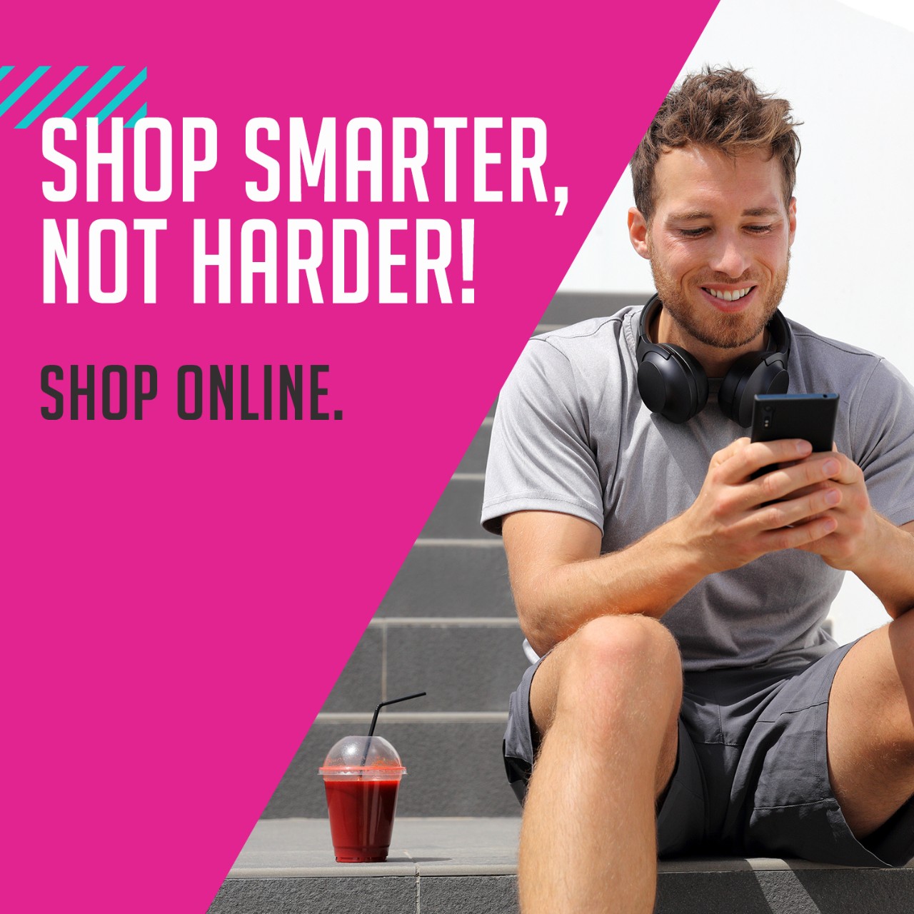 Young man sitting on bench ordering product on line.